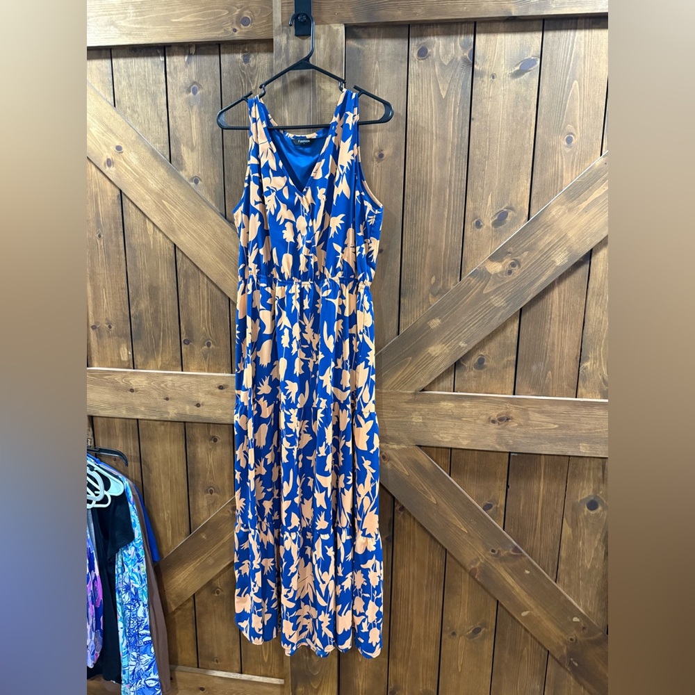 Blue and Coral Floral Maxi Dress